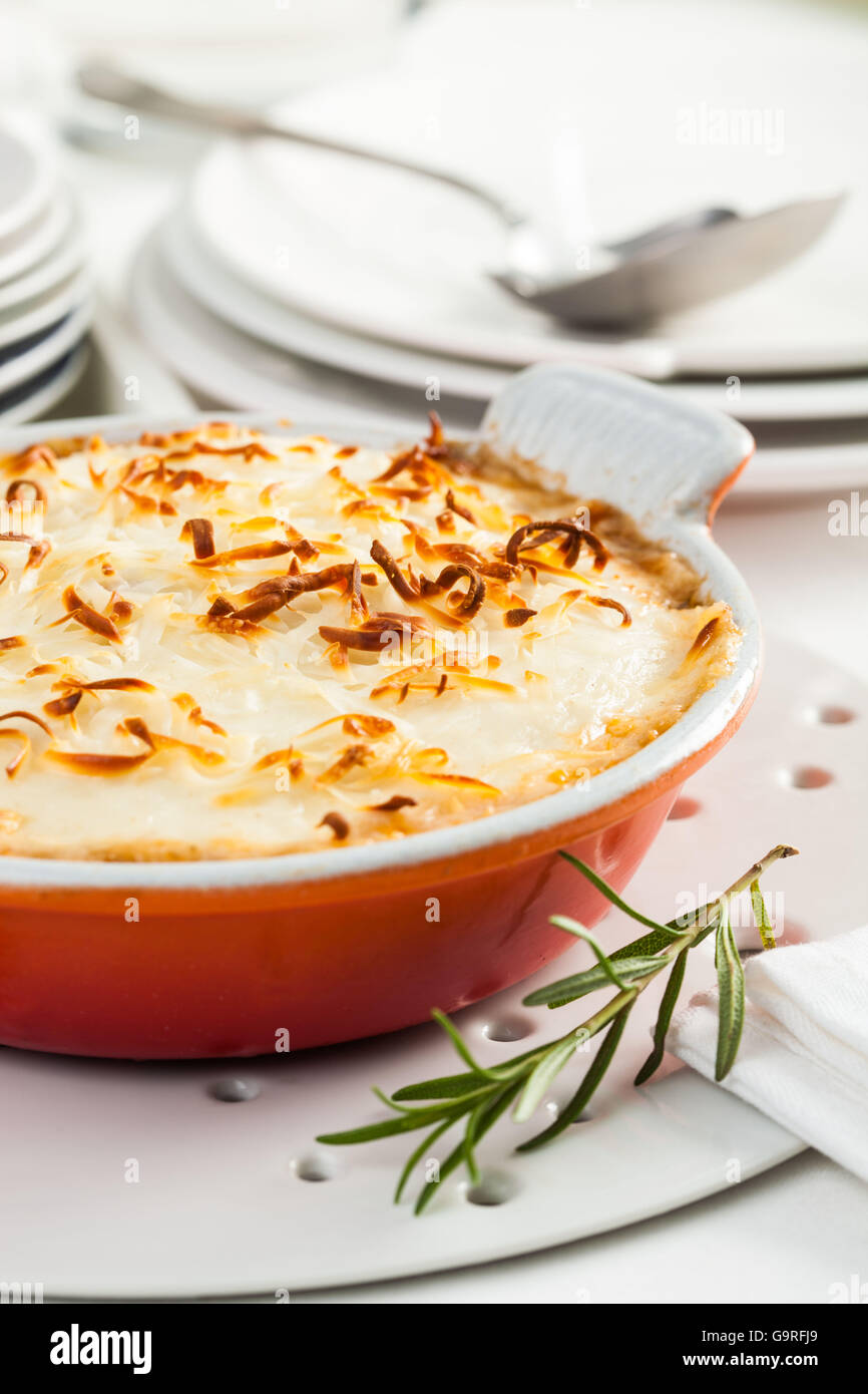 Un plat de la moussaka, un plat typiquement grec, préparé avec l'aubergine, la viande et le fromage Banque D'Images