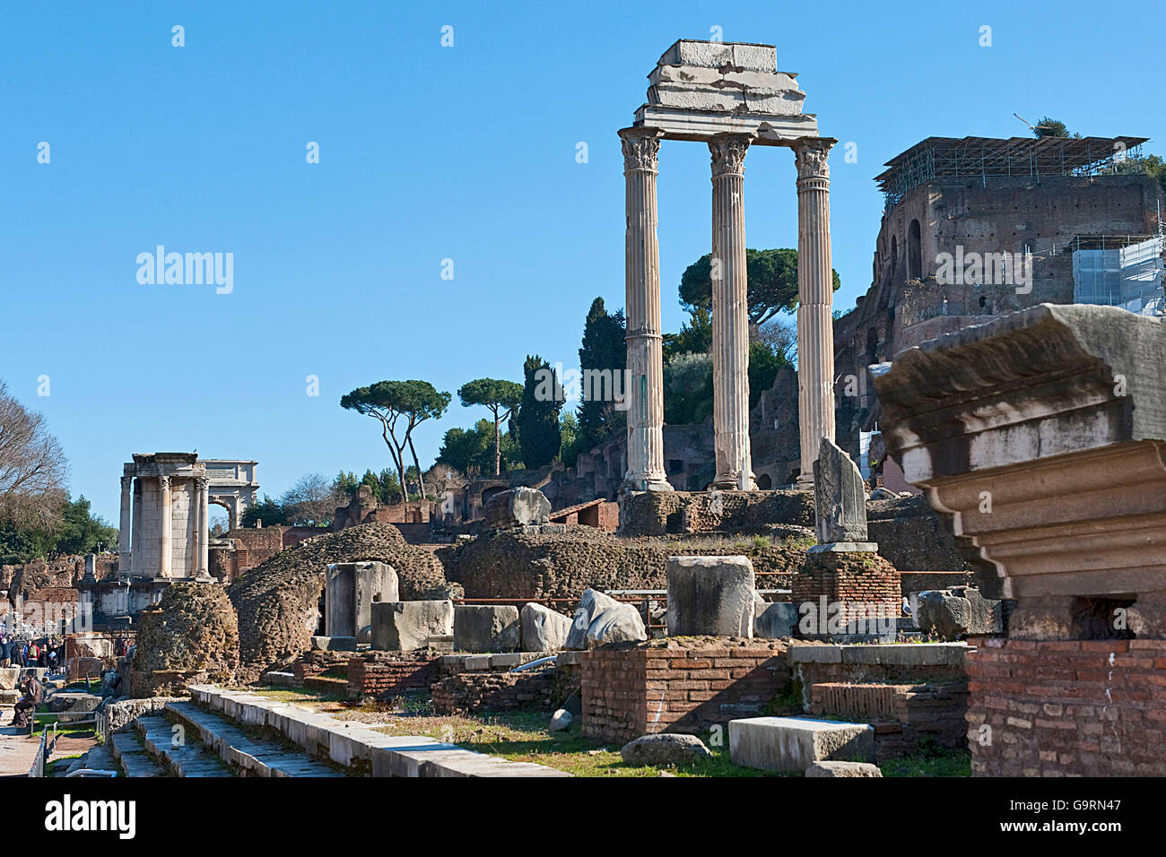 Forum Romanum, les colonnes du temple de Castor et Pollux, Rome, Italie, Lazium Banque D'Images