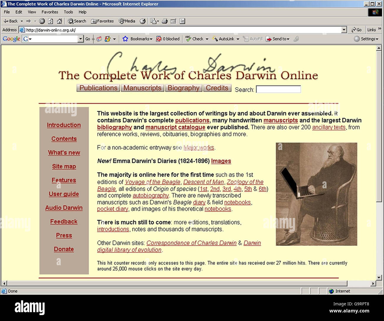 Screengrab du travail complet du site web en ligne de Charles Darwin. Banque D'Images