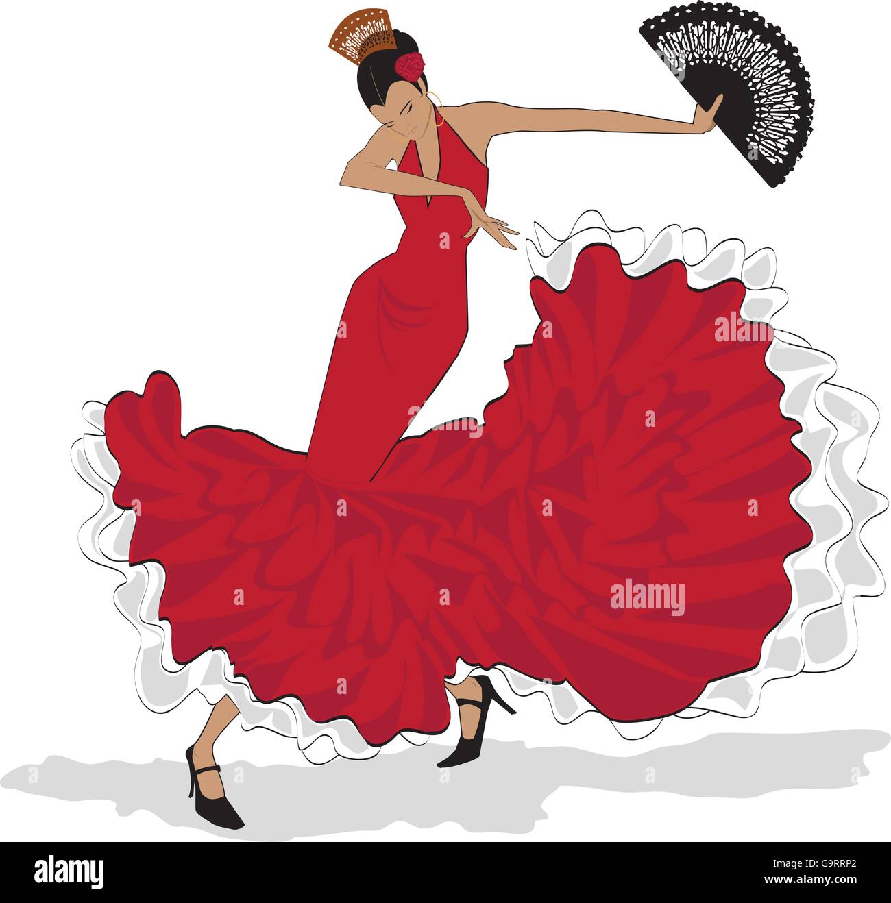Jolie danseuse de flamenco en robe rouge longue avec ventilateur Illustration de Vecteur