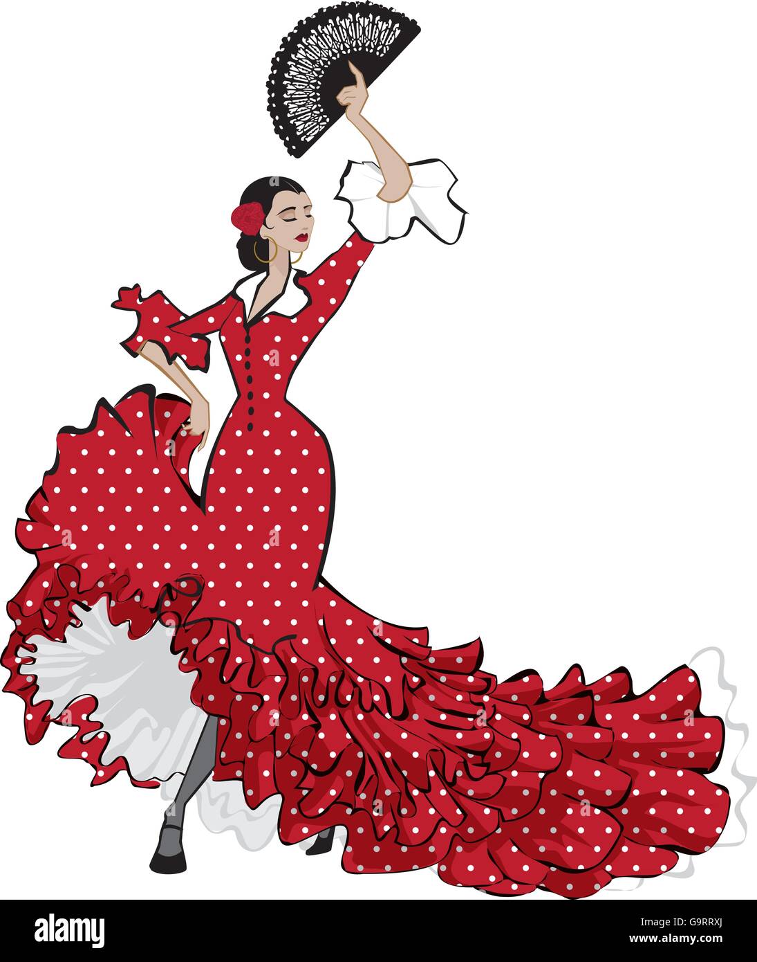 Vector illustration colorée d'une jolie danseuse de flamenco femelle en robe rouge longue avec ventilateur Illustration de Vecteur