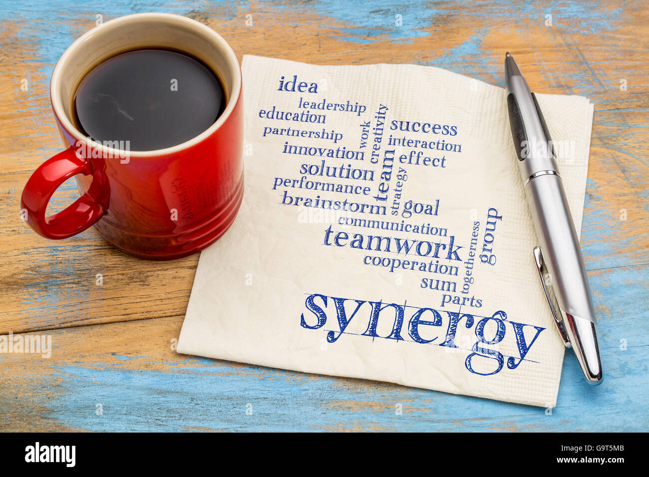La synergie et le travail d'équipe word cloud - écriture sur une serviette avec une tasse de café Banque D'Images