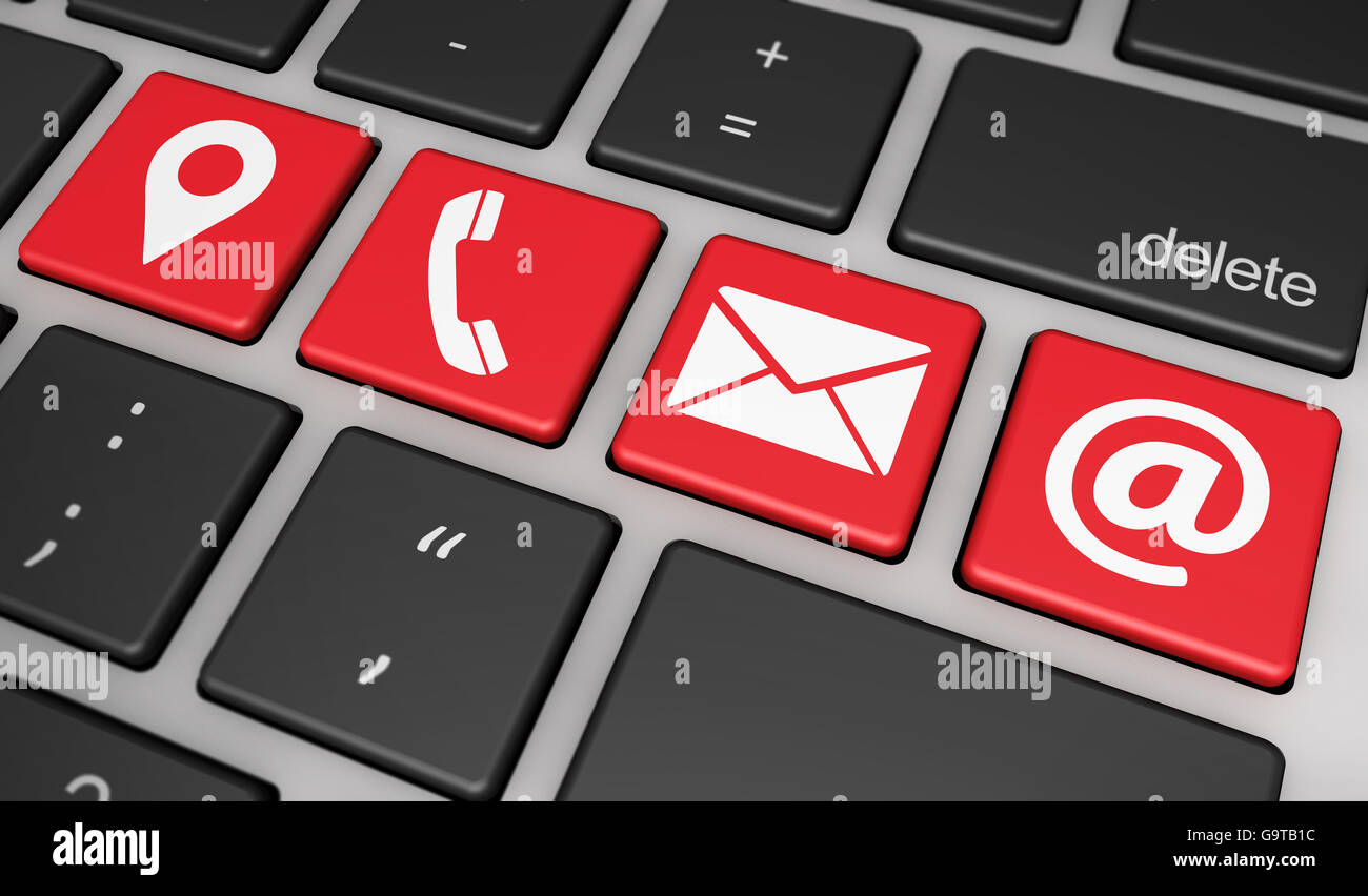 Site web Contactez-nous concept avec e-mail, téléphone et l'emplacement d'icône et symbole sur un clavier d'ordinateur 3D illustration. Banque D'Images