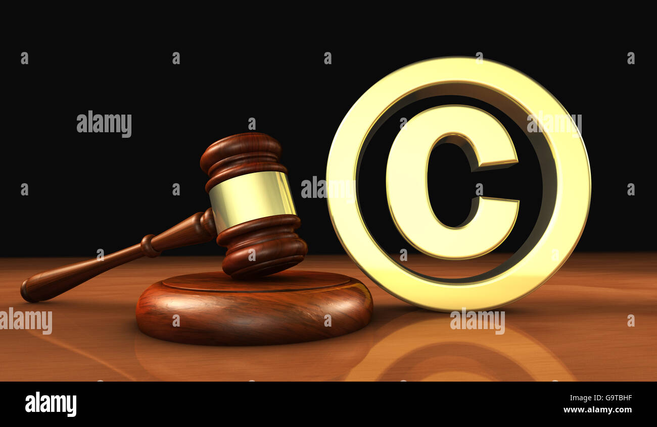 Les lois du copyright et de la propriété intellectuelle concept 3D illustration avec symbole et icône sur fond noir. Banque D'Images