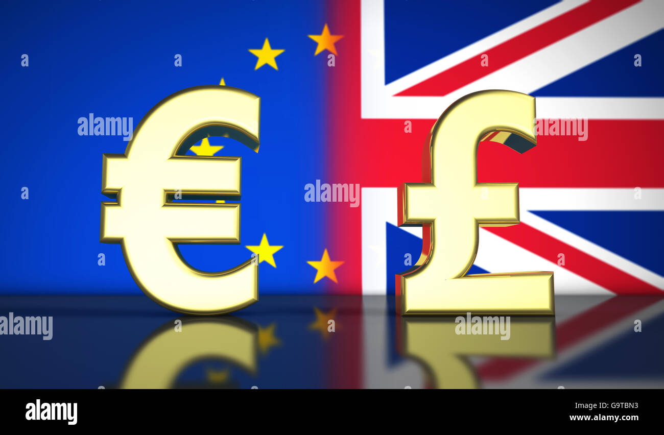 Brexit référendum britannique financial concept avec EU et UK drapeau et l'icône et le symbole de devise illustration 3D'arrière-plan. Banque D'Images