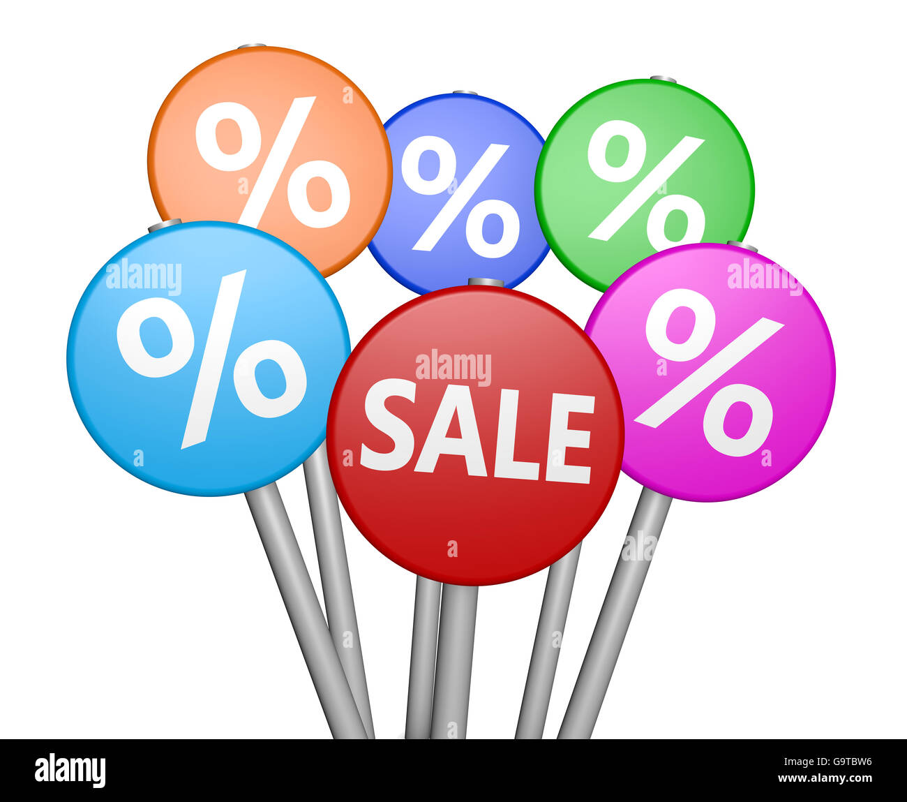 Faites votre achat et vente promo avec signe et symbole de pourcentage sur les panneaux de signalisation de couleur 3D illustration sur fond blanc. Banque D'Images