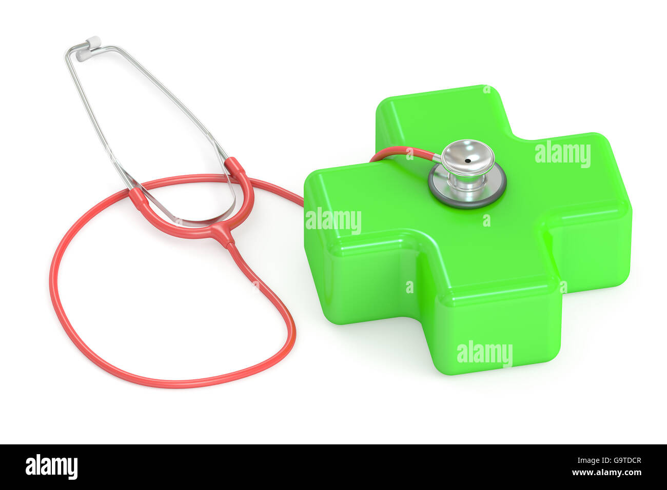 Concept médical, stéthoscope avec croix verte. Le rendu 3D isolé sur fond blanc Banque D'Images