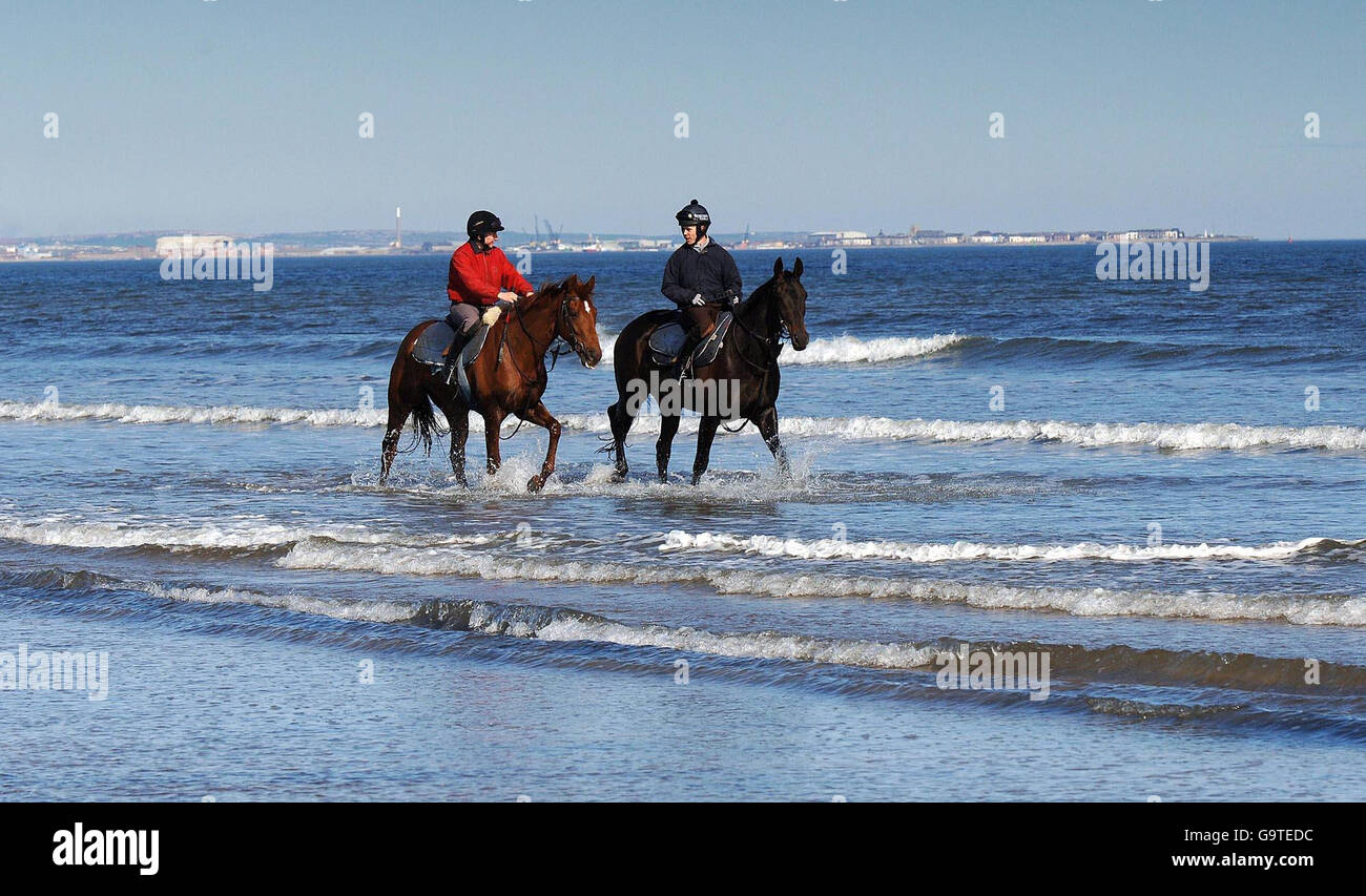 Course - Joes Edge Gallop - Redcar Beach.Joes Edge (à droite) et le jockey Graham Lee avec Spring Breeze et le jockey PJ McDonald complètent leur préparation sur la plage de Redcar à Cleveland. Banque D'Images