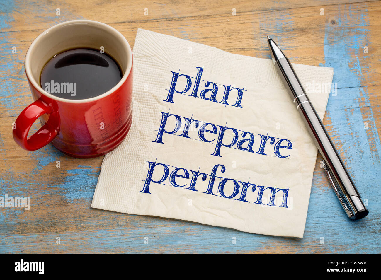 Planifier, préparer, effectuer l'écriture - sur une serviette avec une tasse de café expresso Banque D'Images