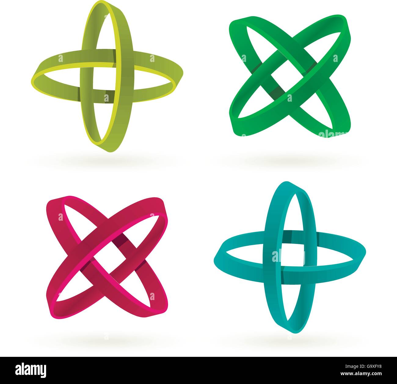 Vert et Bleu isolé,couleur cramoisi cross logo vector set. Résumé des cercles sur le fond blanc. Collection d'éléments géométriques. Lettre X. icônes chimiques. La multiplication des signes plus. Illustration de Vecteur