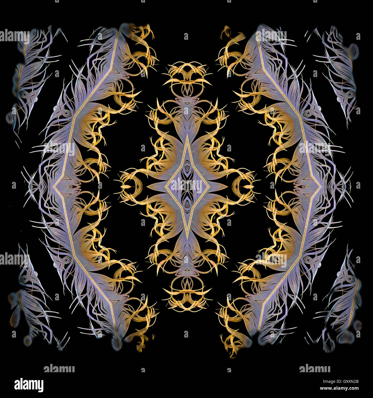 Motif kaléidoscope formé à partir de photo de bleu et jaune (Ara ararauna Ara) plumes. NAT GEO POUR SOUS EMBARGO JUSQU'À la fin de 2015 Banque D'Images