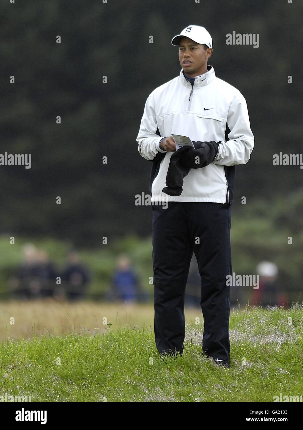 American Tiger Woods lors du championnat Open au Carnoustie Golf Links en Écosse de l'est. Banque D'Images