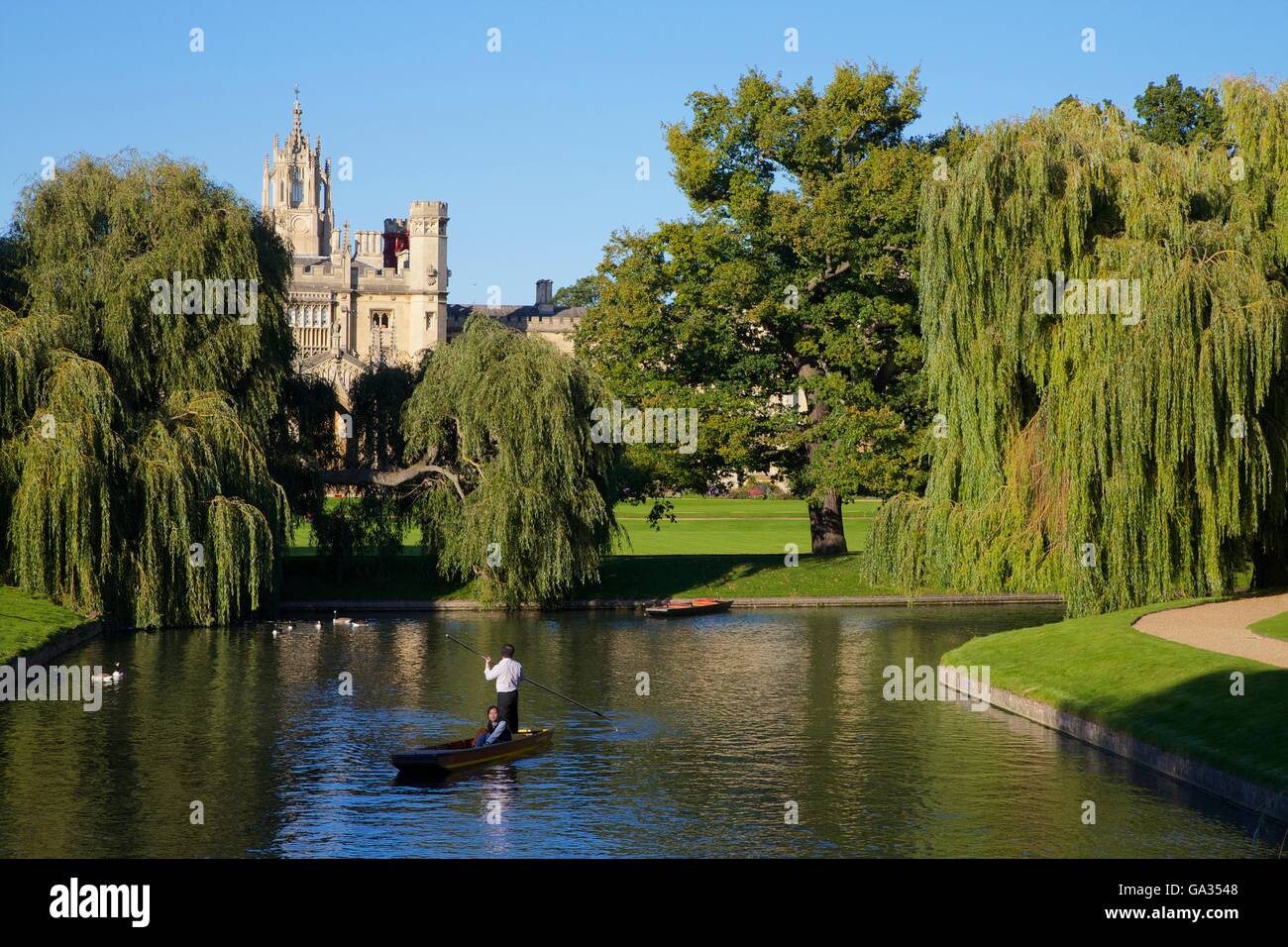 Barque sur la rivière Cam du dos, près de St John's College, Université de Cambridge, Cambridgeshire, Angleterre, RU, FR, Europe Banque D'Images