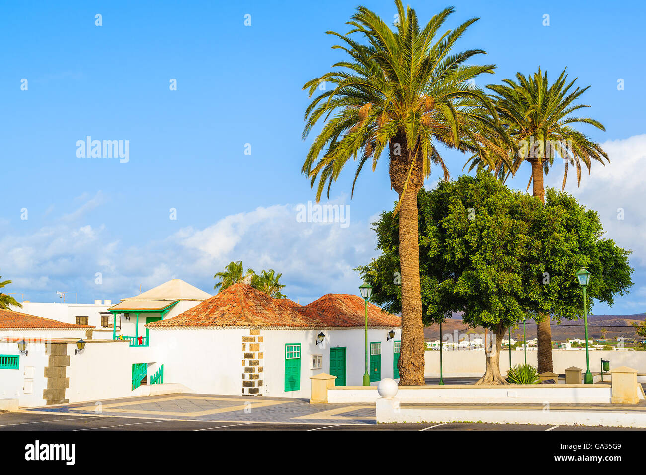 Palmiers sur place avec maisons de style Canarien typique village Yaiza, Lanzarote, îles Canaries, Espagne Banque D'Images