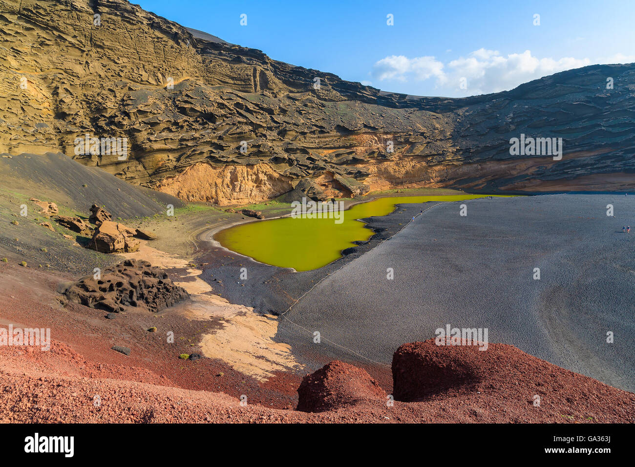 Avis de Lago Verde lac volcanique, El Golfo, Lanzarote, îles Canaries, Espagne Banque D'Images