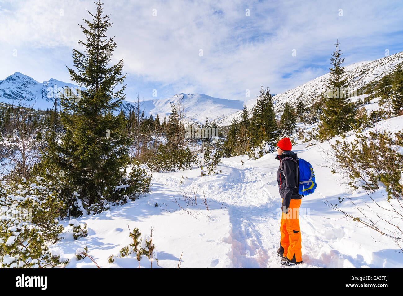 Jeune femme backpacker tourisme sentier de randonnée en hiver paysage de vallée Gąsienicowa, Tatras, Pologne Banque D'Images