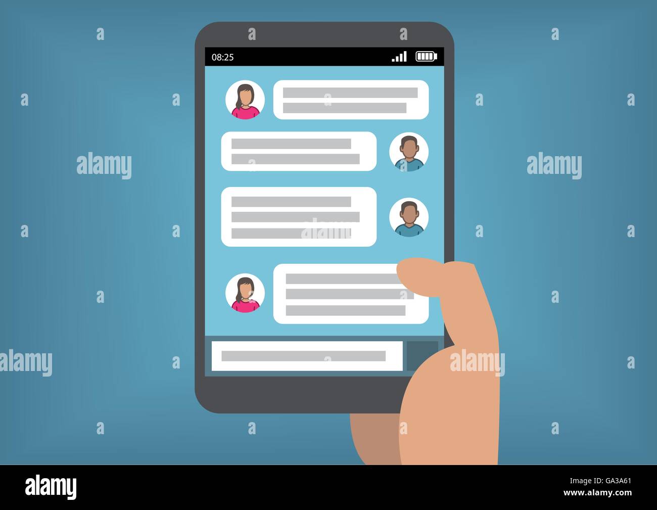 La messagerie instantanée mobile concept with hand holding smart phone ou tablette comme vector illustration Illustration de Vecteur