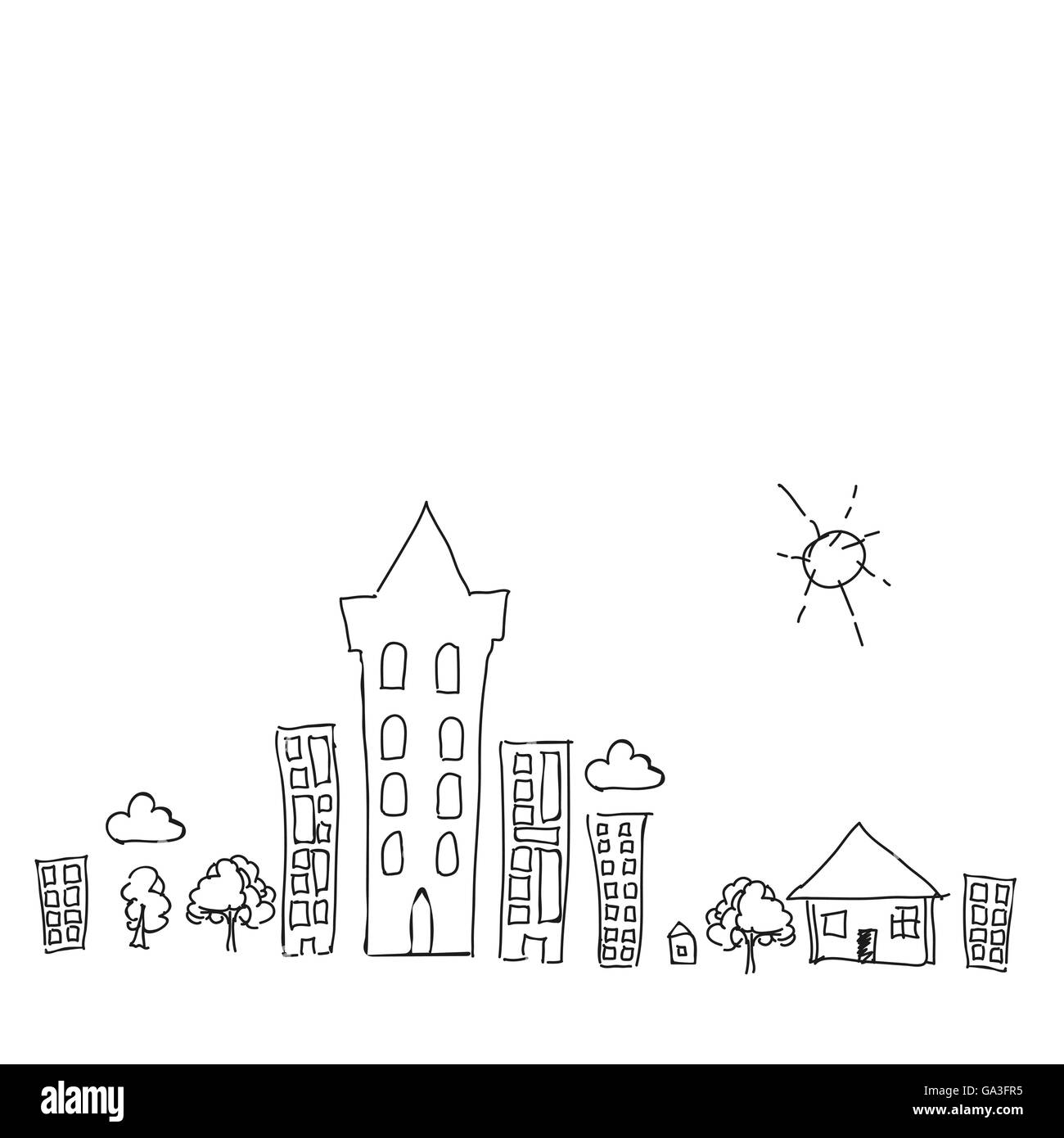 Ville doodle draw avec soleil. collection ensemble de dimensions des bâtiments et des arbres Illustration de Vecteur