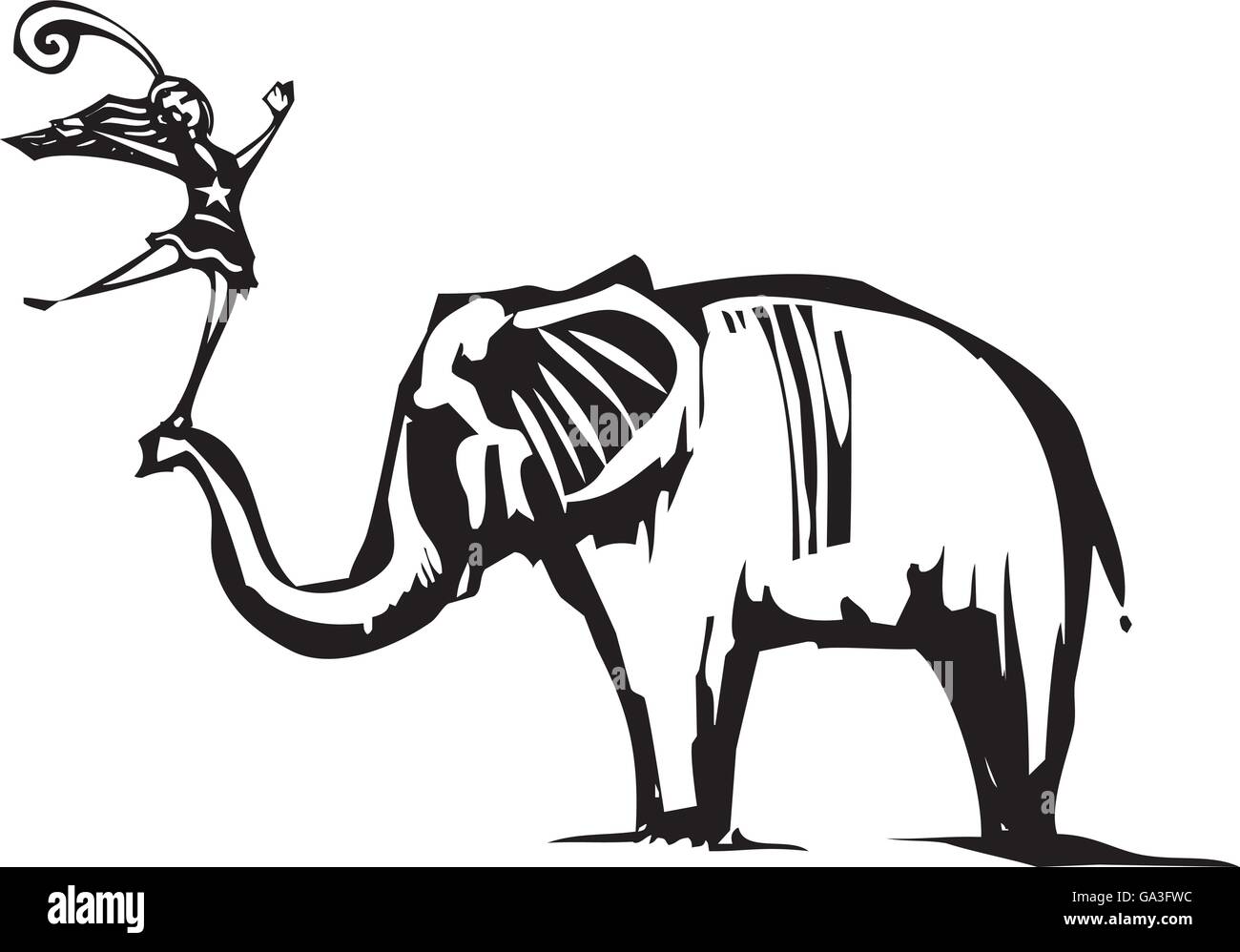 Image Style gravure sur bois d'un éléphant avec un cirque acrobat Illustration de Vecteur