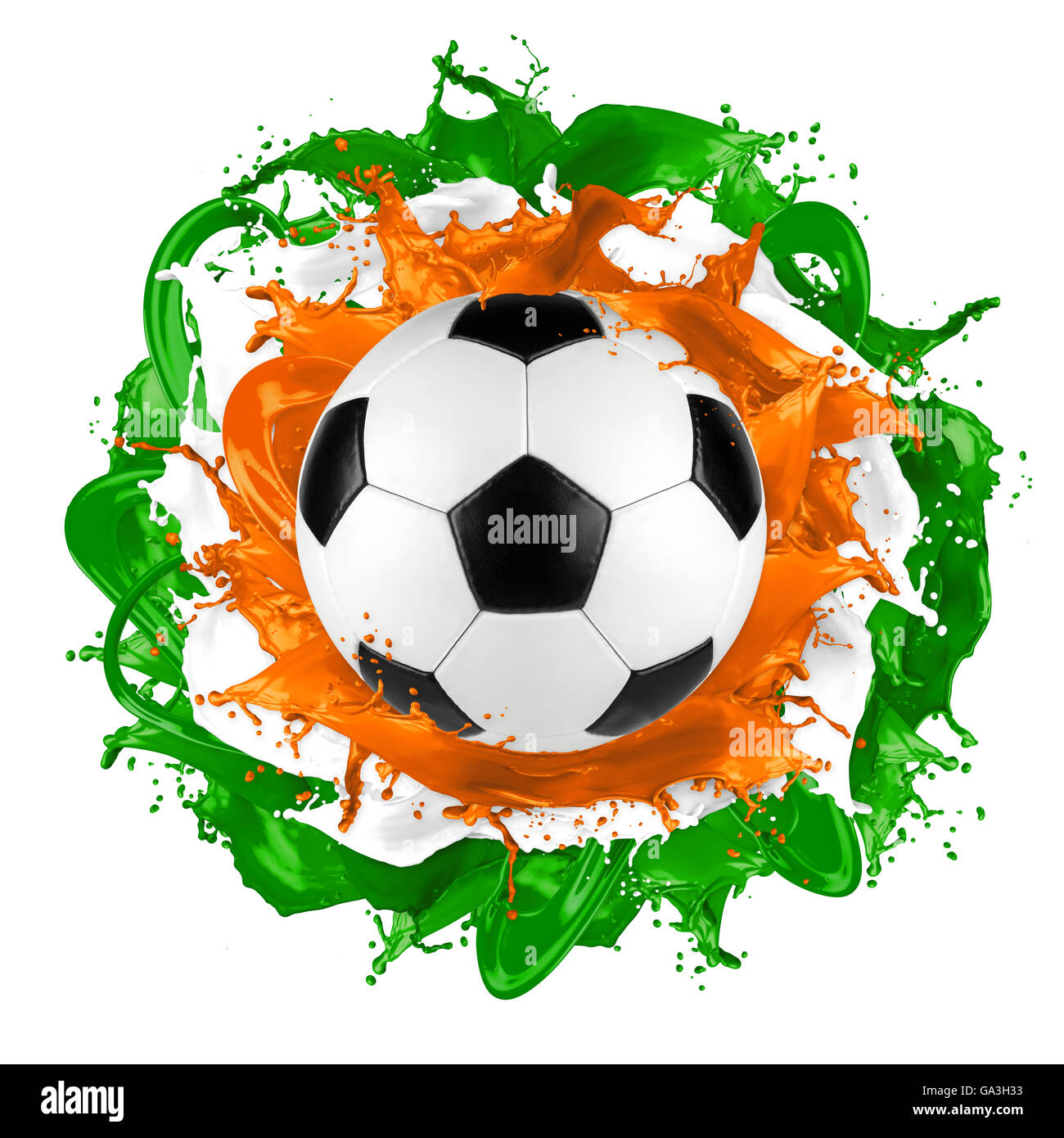 Ballon de football rétro avec drapeau roumain color splash isolé sur fond blanc Banque D'Images