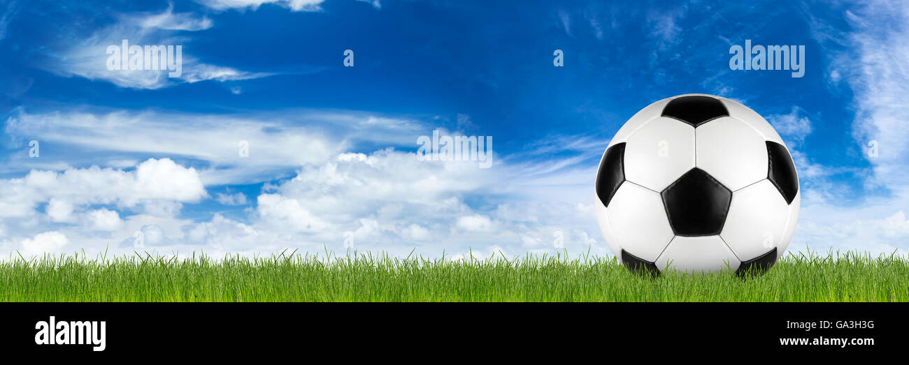 Retro noir en cuir blanc ballon de soccer sur l'herbe en face de ciel bleu Banque D'Images