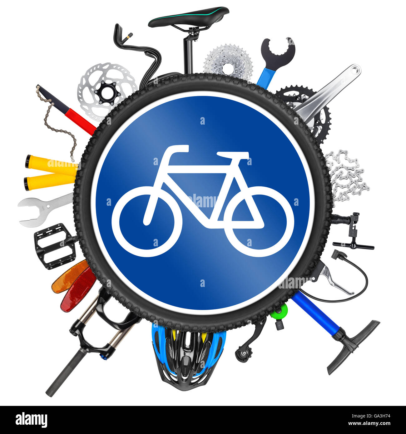 Location panneau routier concept avec diverses pièces de vélo isolé sur fond blanc Banque D'Images