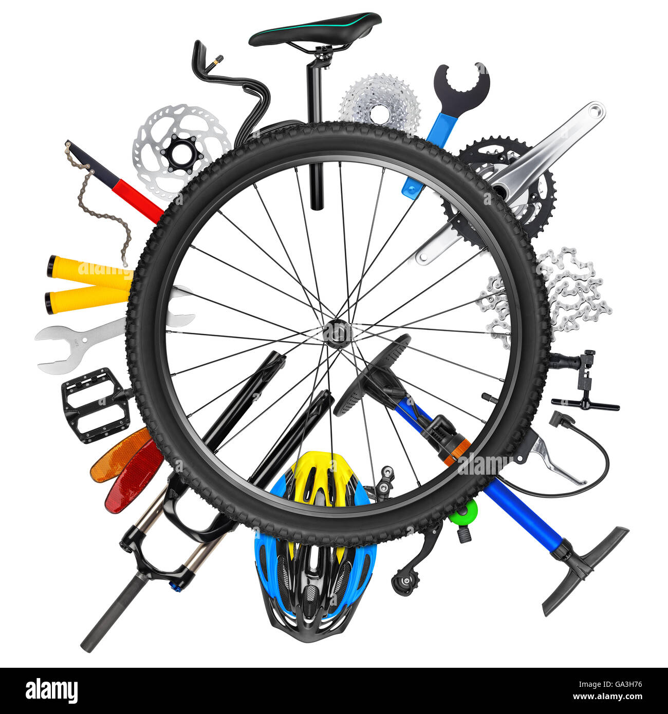 La partie vélo Vélo collage isolés des pneus des roues concept sport pneu jante arrière-plan blanc composant matériel Fournitures accessoires Banque D'Images