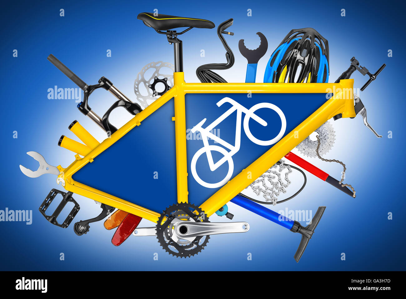 Cadre du vélo avec des pièces et road sign symbole sur fond bleu Banque D'Images