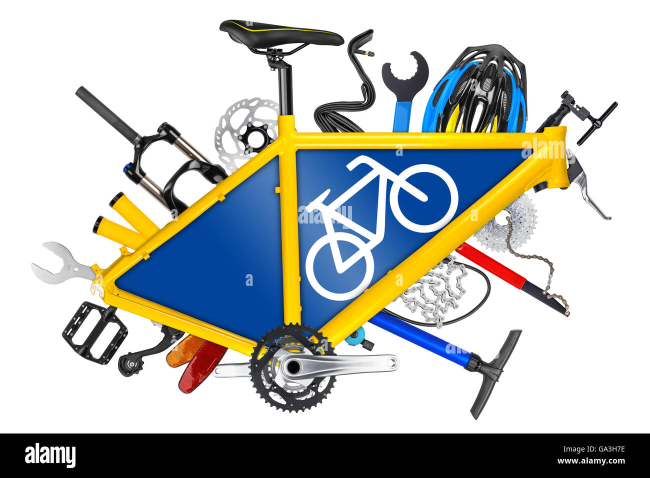 Cadre du vélo avec les pièces et le symbole de la route isolé sur fond blanc Banque D'Images
