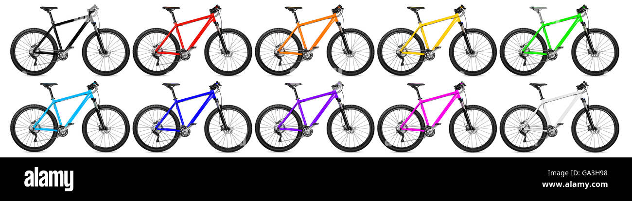 Mettre des vélos de montagne en plusieurs couleurs isolé sur fond blanc Banque D'Images