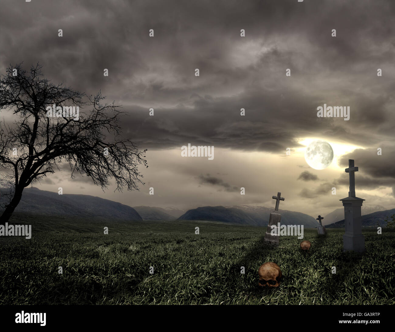 Spooky Halloween cimetière avec des nuages sombres Banque D'Images