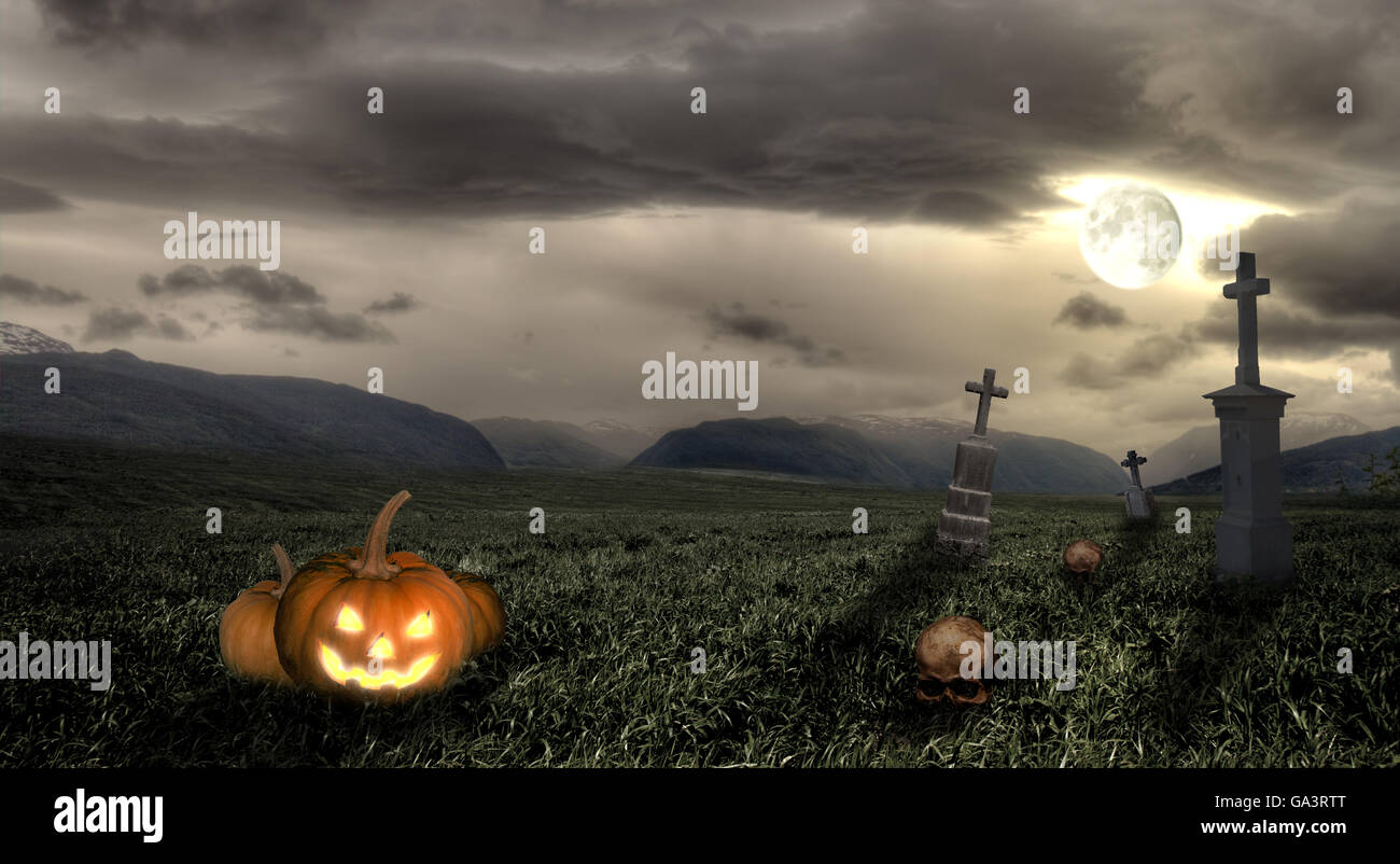 Spooky Halloween cimetière avec des nuages sombres Banque D'Images