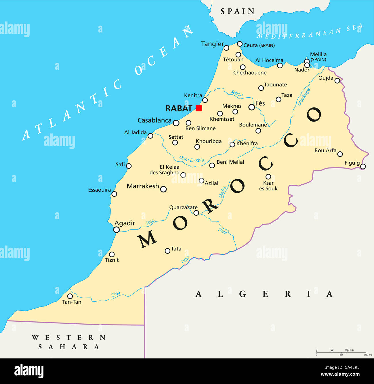Carte politique du Maroc à Rabat, capitale des frontières nationales, les villes importantes et les rivières. Illustration avec l'anglais à l'étiquetage. Banque D'Images