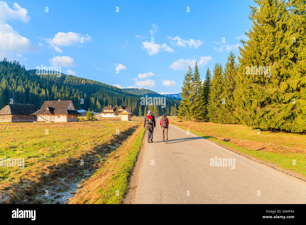 Couple de touristes marche sur route en vallée Chocholowska, Tatras, Pologne Banque D'Images