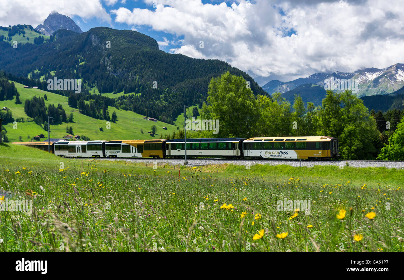 Train panoramique de la MOB Montreux / Gstaad bernois de fer sur la ligne GoldenPass Panoramic près de Gstaad, Suisse. Banque D'Images