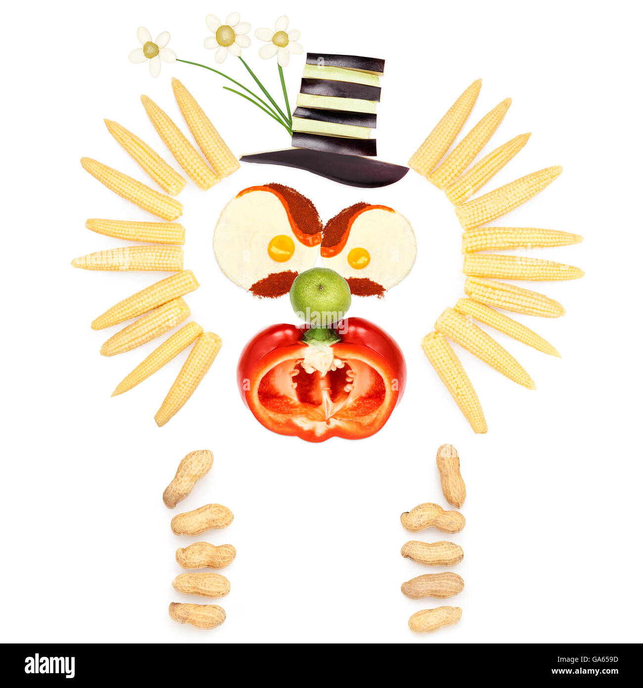 Clown en colère faite de légumes et de fruits dans un menu enfant isolé sur blanc. Banque D'Images