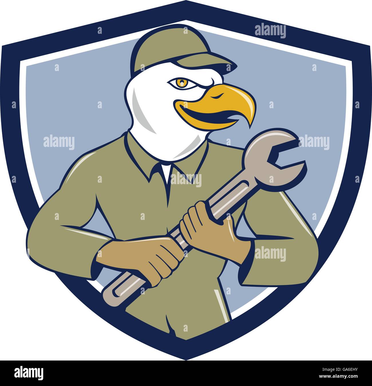Illustration d'un pygargue à tête blanche d'Amérique à la clé mécanique tenant sur le côté vue de l'avant à l'intérieur set shield sur crest Illustration de Vecteur