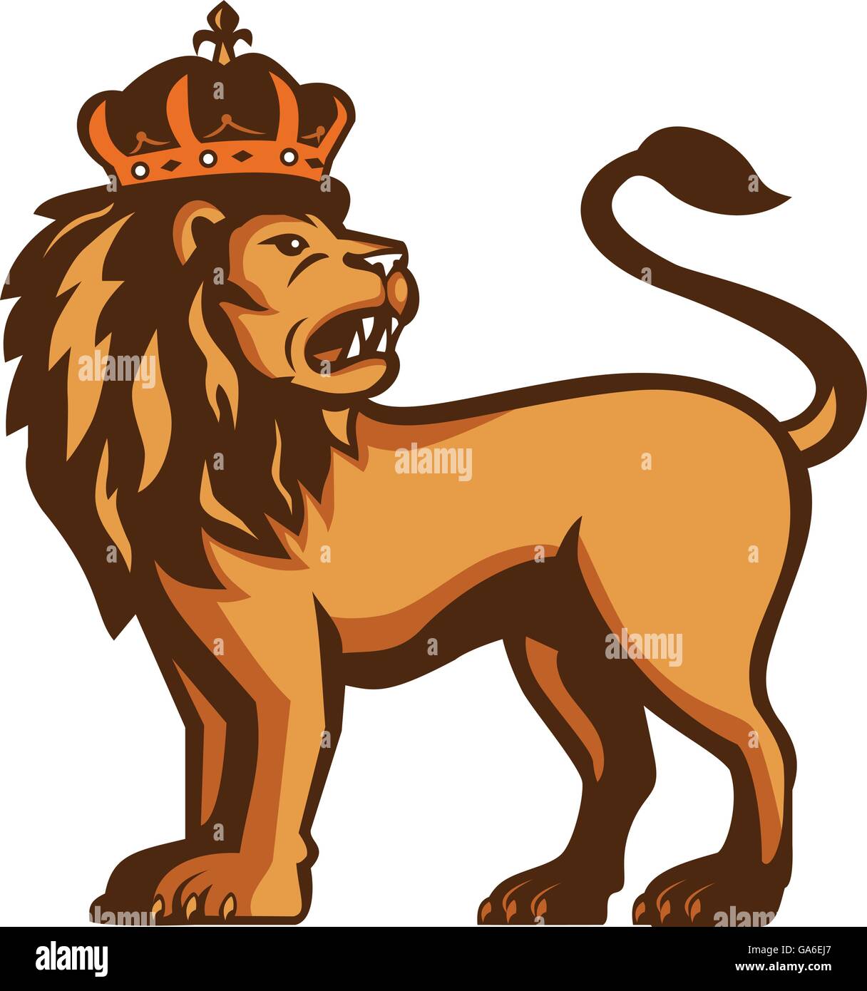 Illustration d'un roi lion avec couronne à la recherche sur le côté isolé sur fond blanc vue de l'avant fait en style rétro. Illustration de Vecteur