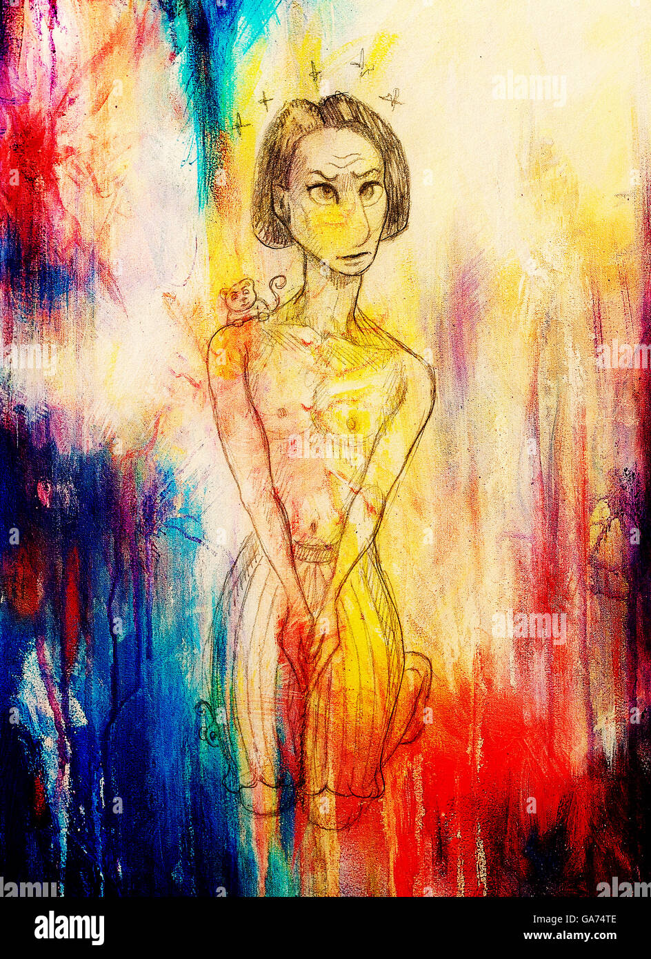 Dimensions de l'homme et le singe, crayon sur papier, effet de couleur. Banque D'Images