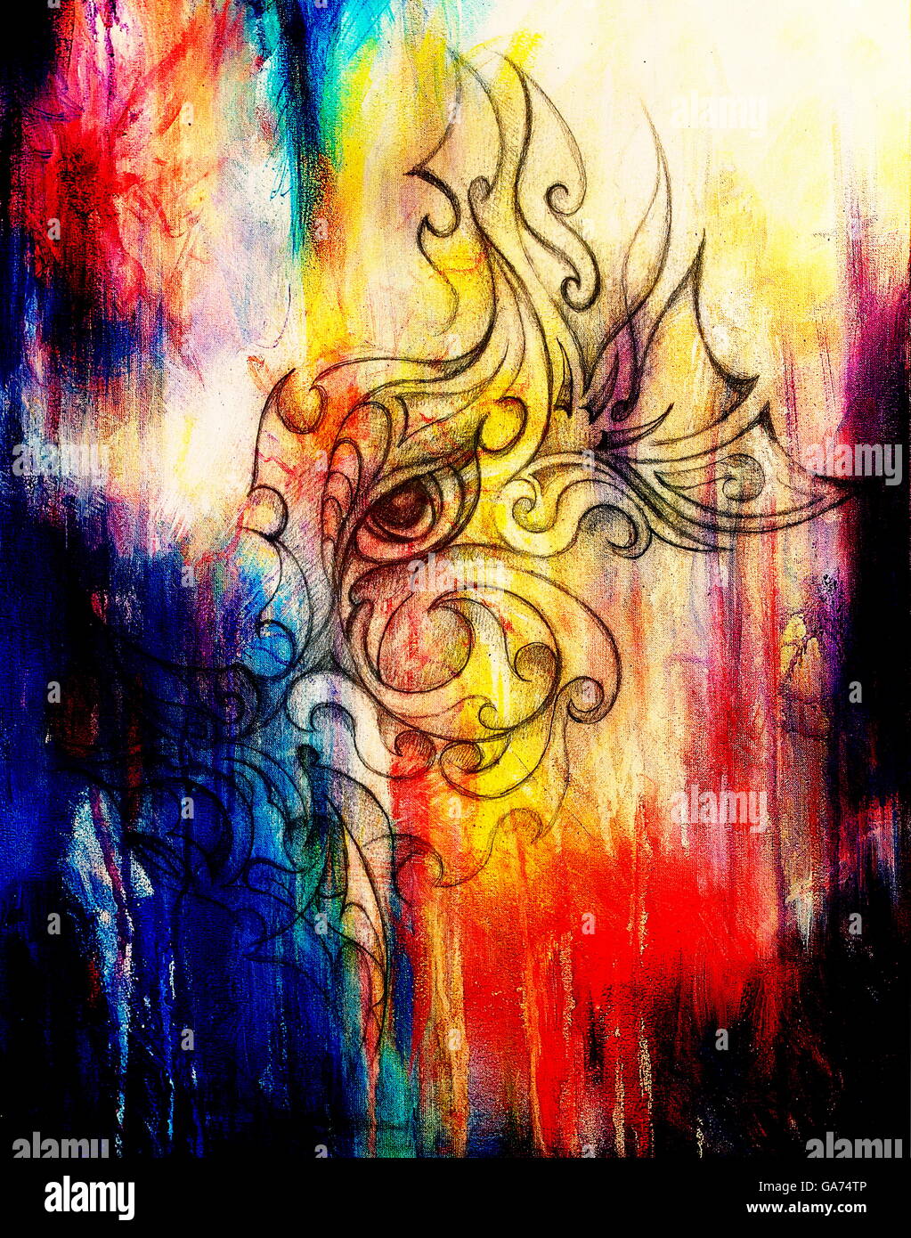 Mystic woman eye avec ornement floral. Dessin sur papier, effet de couleur. Contact avec les yeux. Banque D'Images