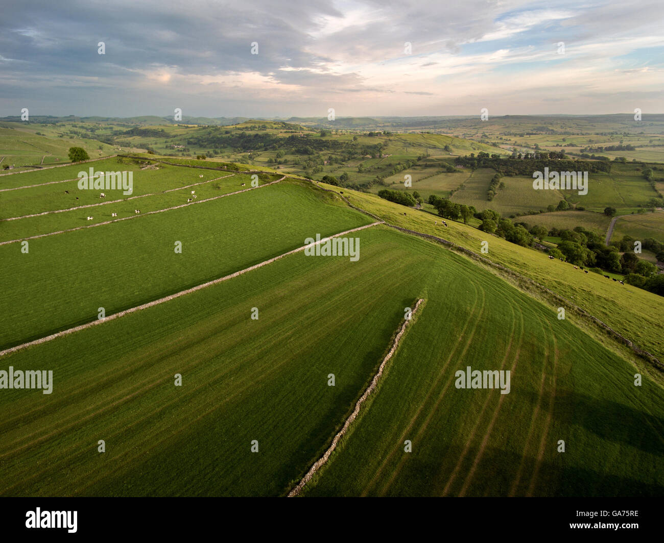 Vue aérienne, murs en pierre calcaire au-dessus de la vallée de la colombe, Peak District, Derbyshire Banque D'Images