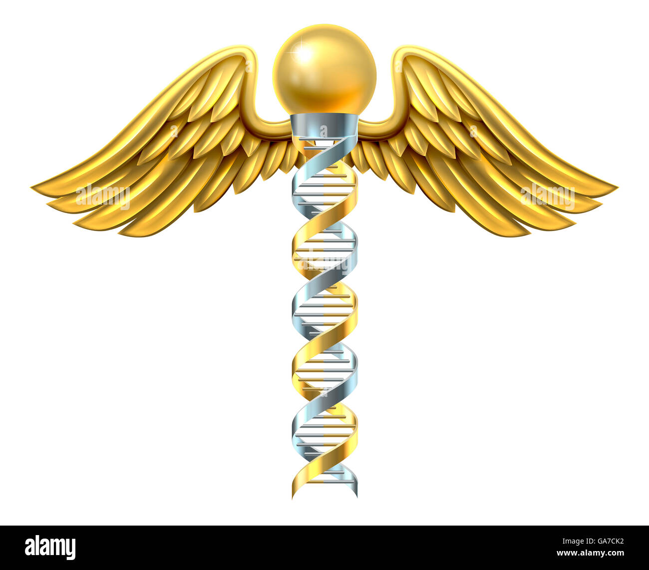 Caducée symbole médical avec les double hélice d'ADN chromosomique génétique strand. Banque D'Images