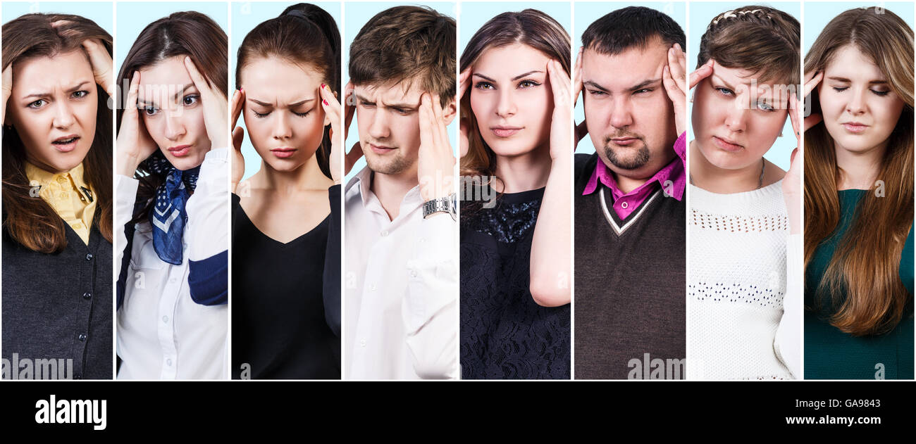 Collage de personnes souffrant d'un mal de tête sur fond bleu Banque D'Images