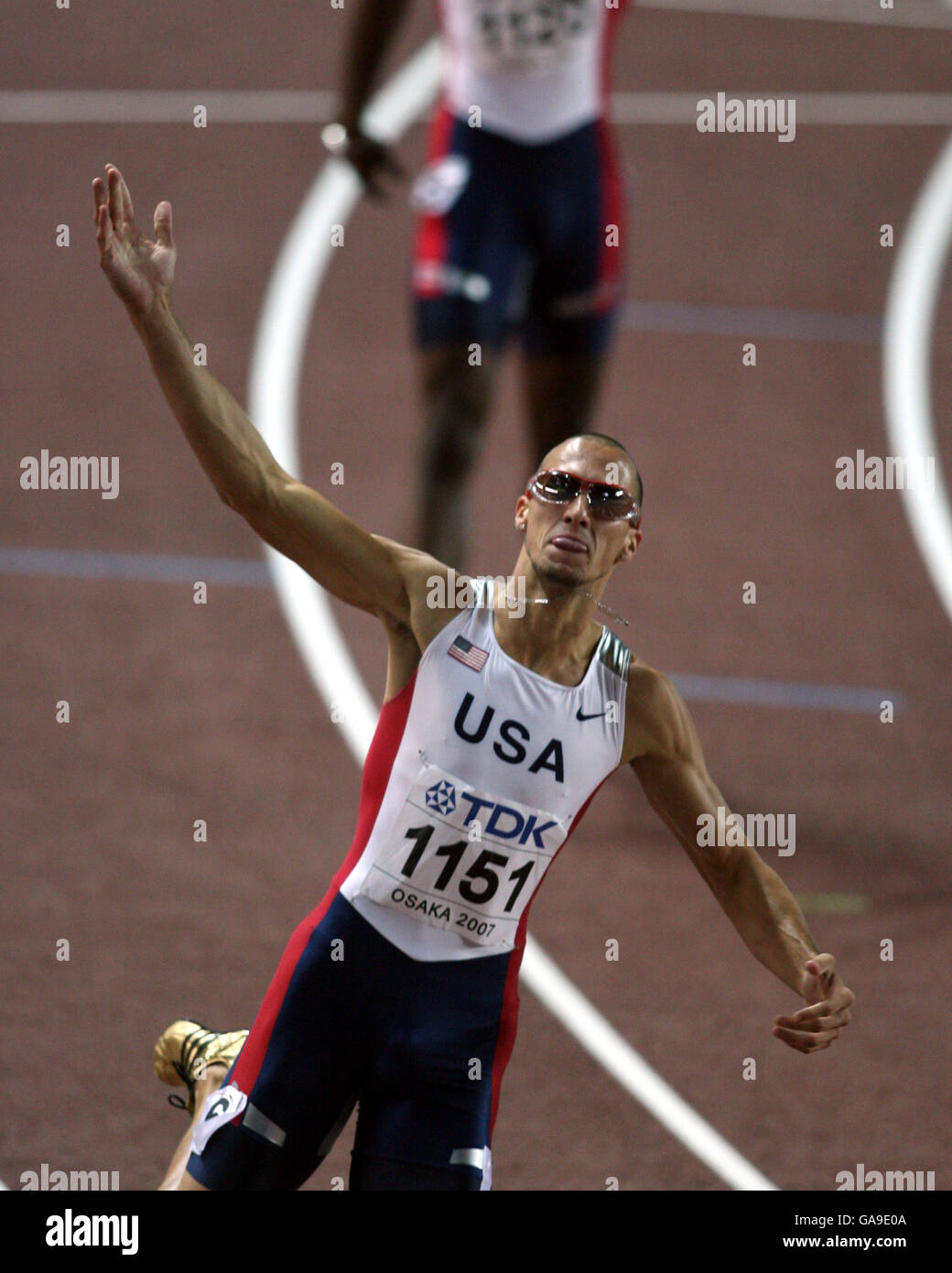 Athlétisme - Championnats du monde d'athlétisme de l'IAAF - Osaka 2007 - Stade Nagai.Jeremy Wariner, des États-Unis, célèbre la victoire de la finale du 400m masculin Banque D'Images