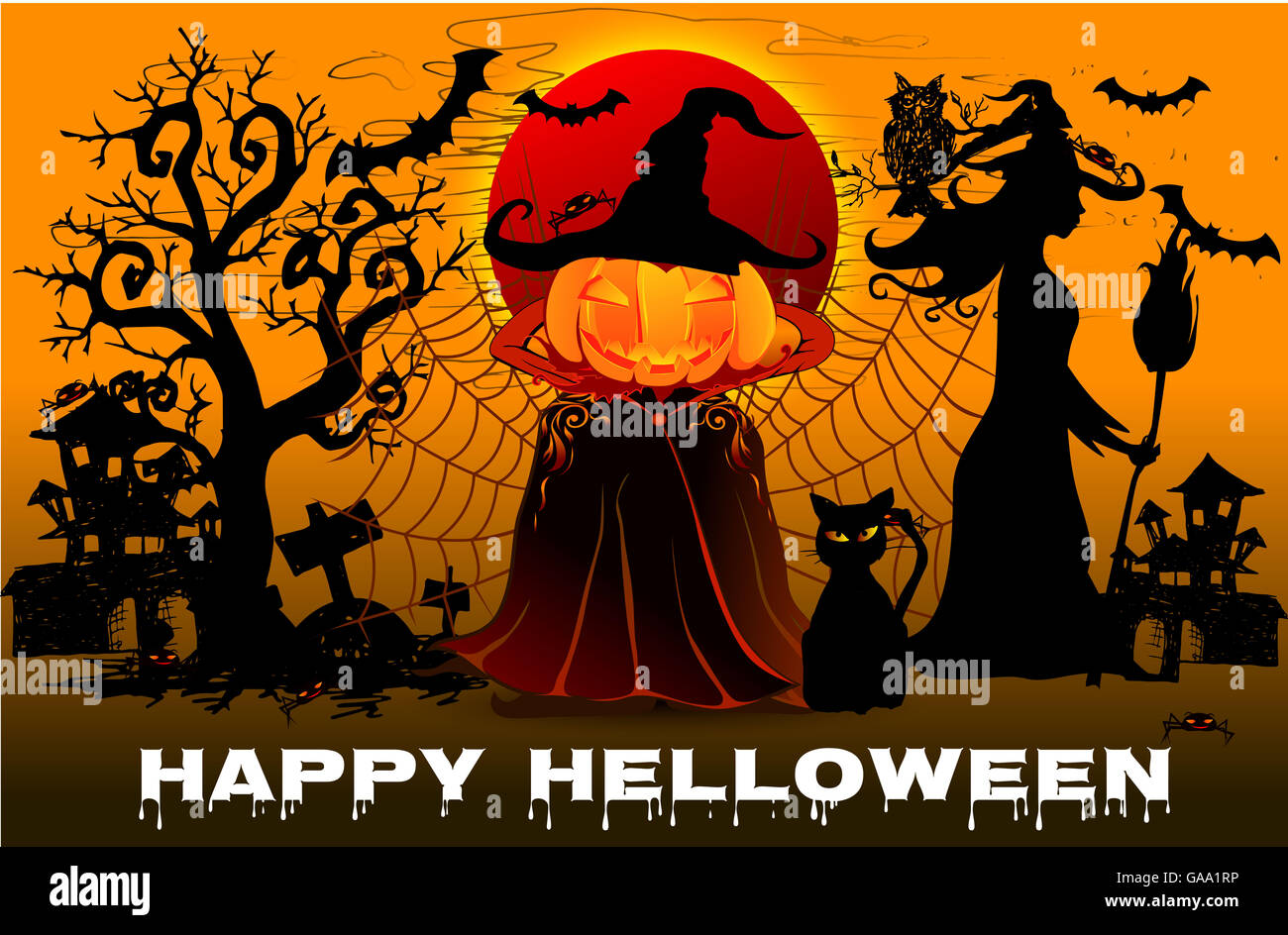 Arrière-plan de l'Halloween. Halloween vecteur fond orange avec de nombreuses chauves-souris en vol, maison ancienne, la lune, les arbres. Banque D'Images