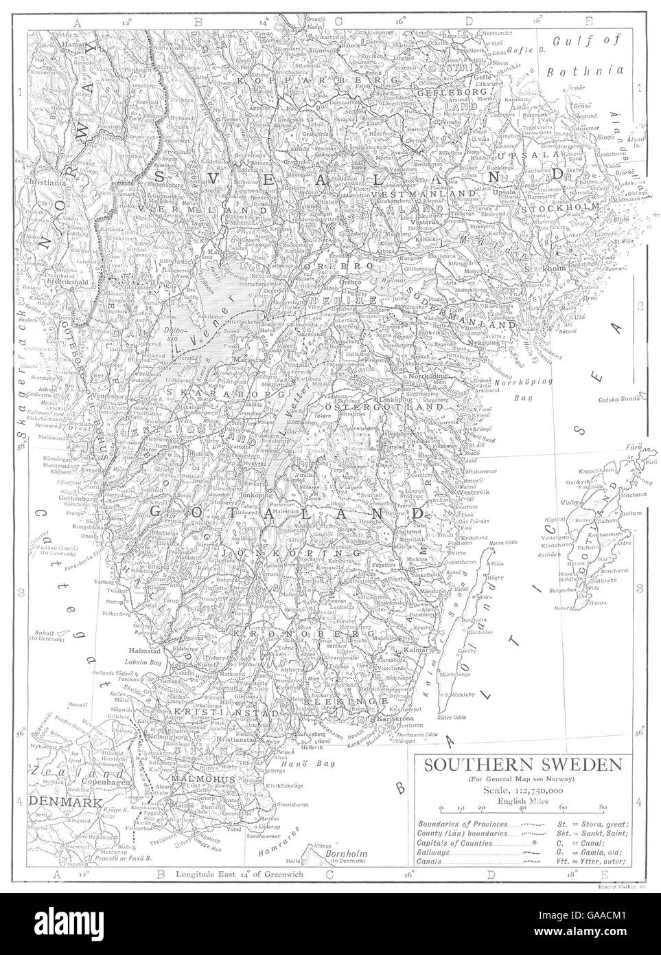 Suède : le sud de la Suède, 1910 carte antique Banque D'Images
