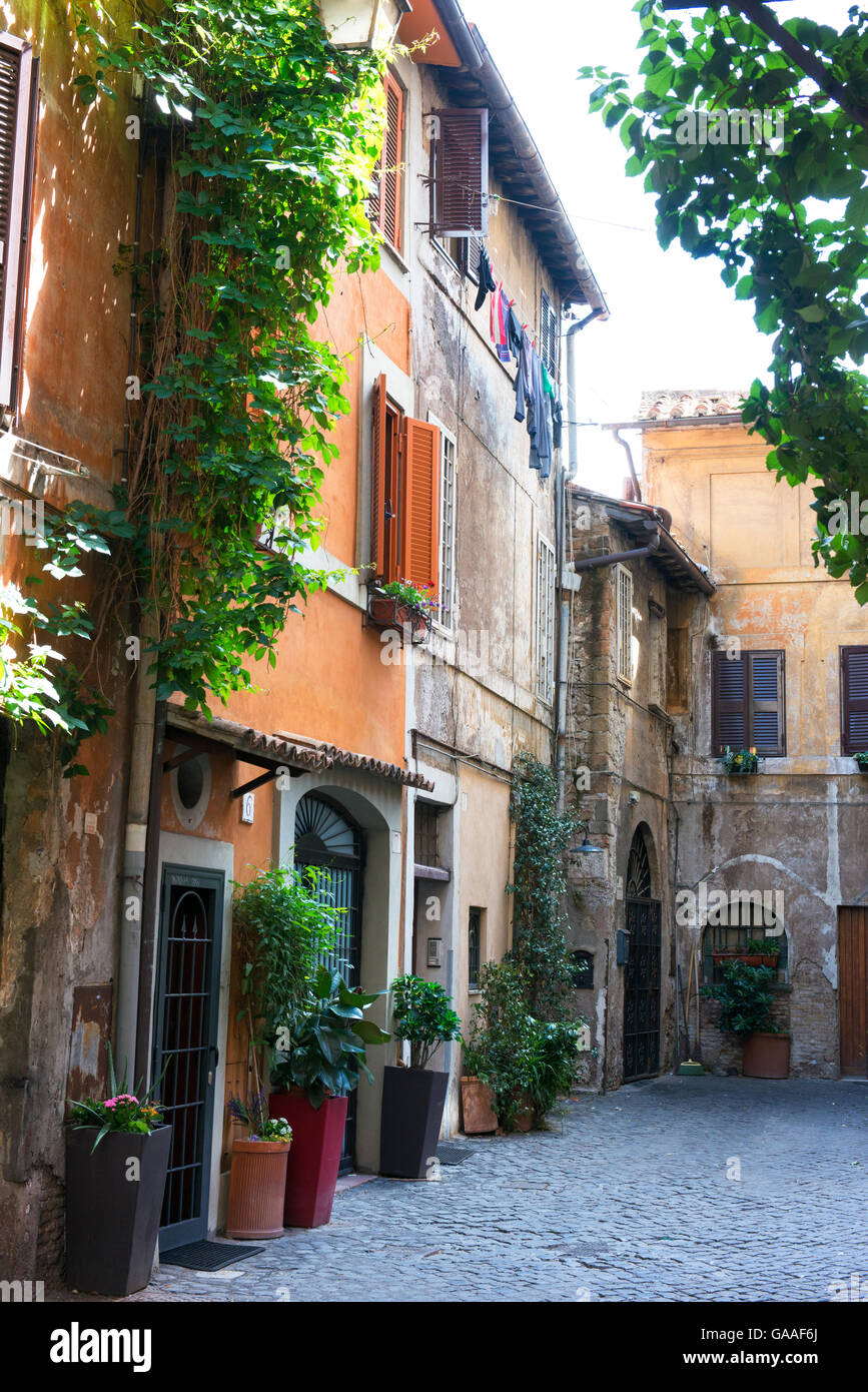 Un quartier calme et verdoyant de Rome backstreet quartier de Trastevere. Banque D'Images