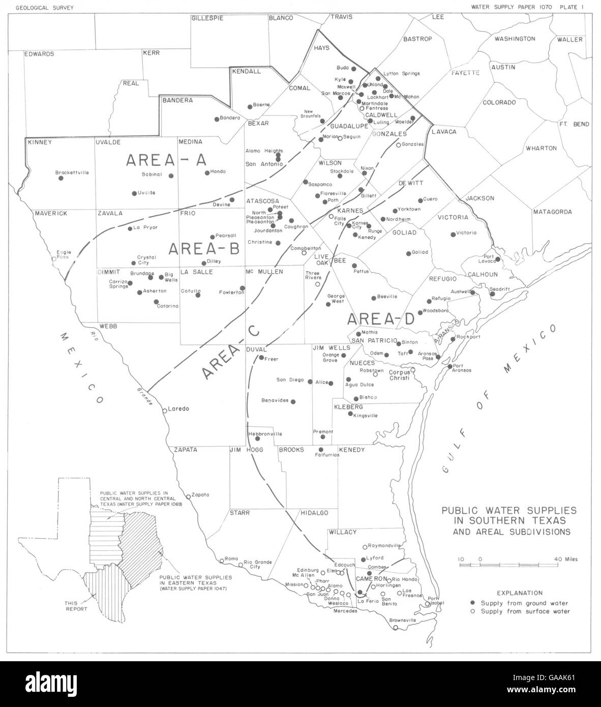 TEXAS : Service public d'approvisionnement en eau dans le sud du Texas et Areal Subdivisions, 1944 map Banque D'Images