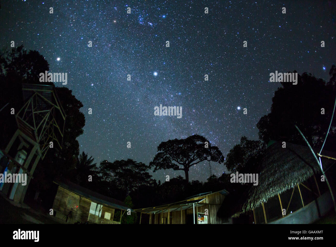 Nuit étoilée ciel au-dessus de la station de recherche scientifique dans Huanuca Panguana Réserver, province, bassin de l'Amazone, au Pérou. Banque D'Images