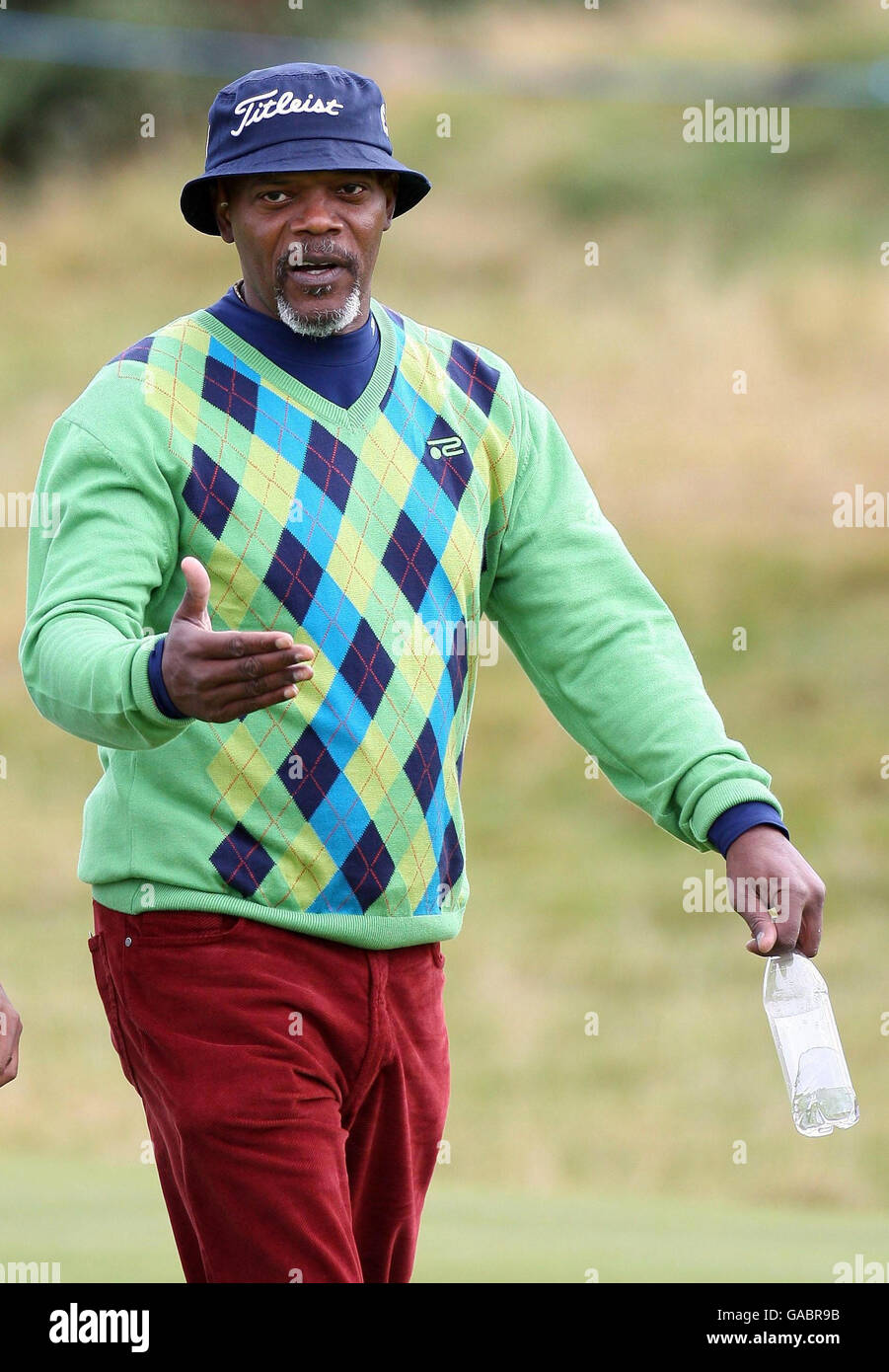 Samuel L Jackson le premier jour du championnat Alfred Dunhill Links à Carnoustie, en Écosse. Banque D'Images